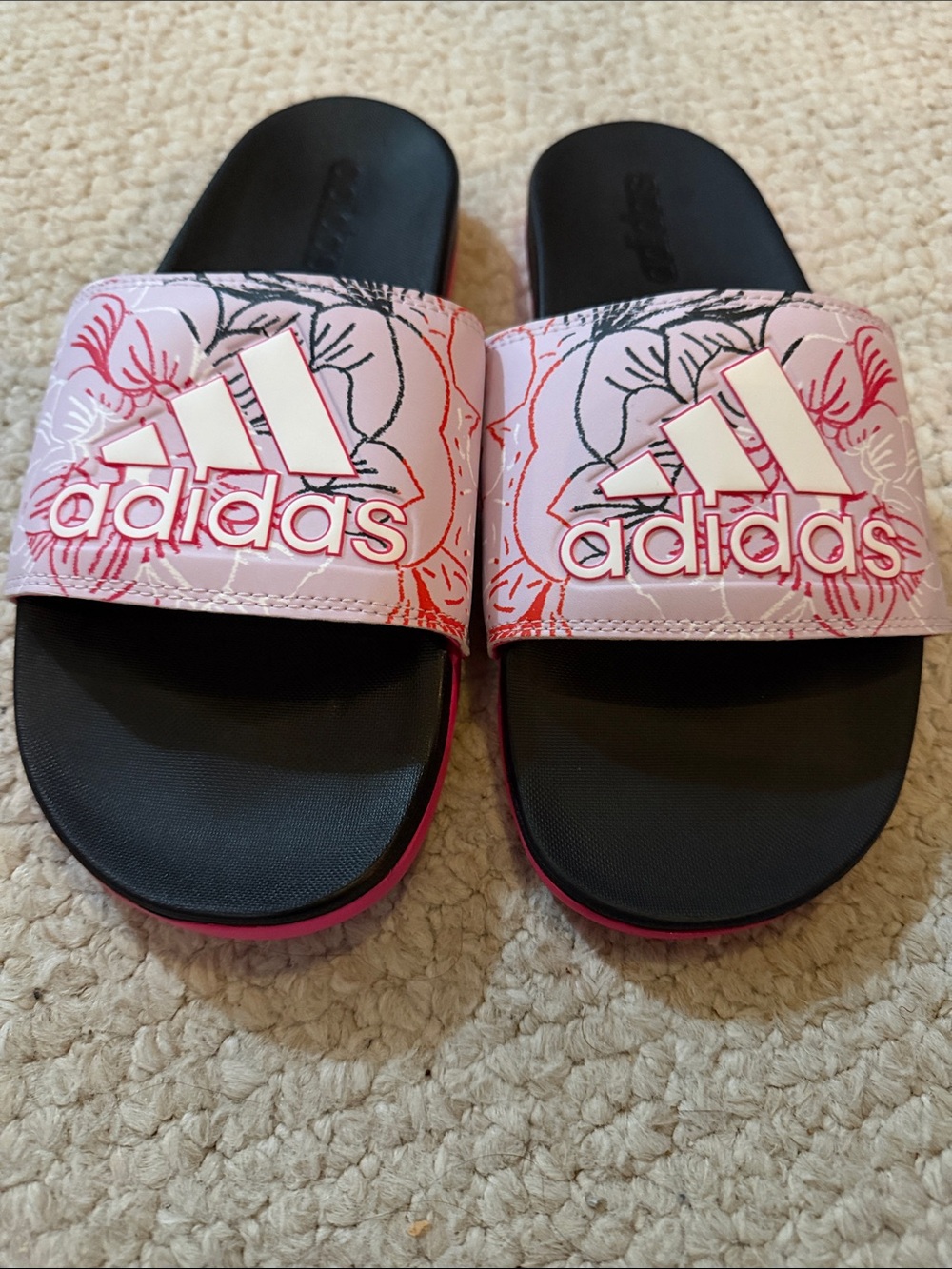 adidas Pink Black Floral Slide Sandals